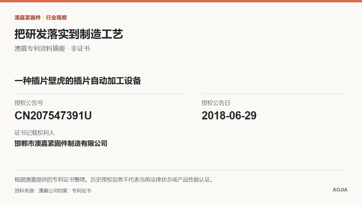 澳嘉插片自动加工设备历史专利资料摘要,公告号 CN207547391U,授权公告日 2018 年 6 月 29 日