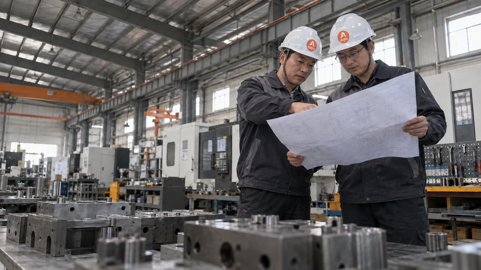 Two engineers discussing drawings in a workshop